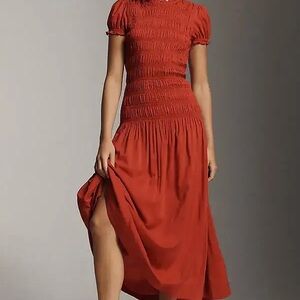 Reformation Rust Red Shirred Midi Dress with Puff Sleeves